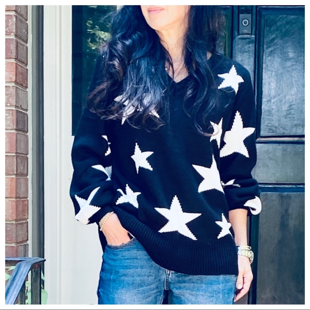 FALL MUST HAVE BLACK V NECK STAR SWEATER - Picture 5 of 15